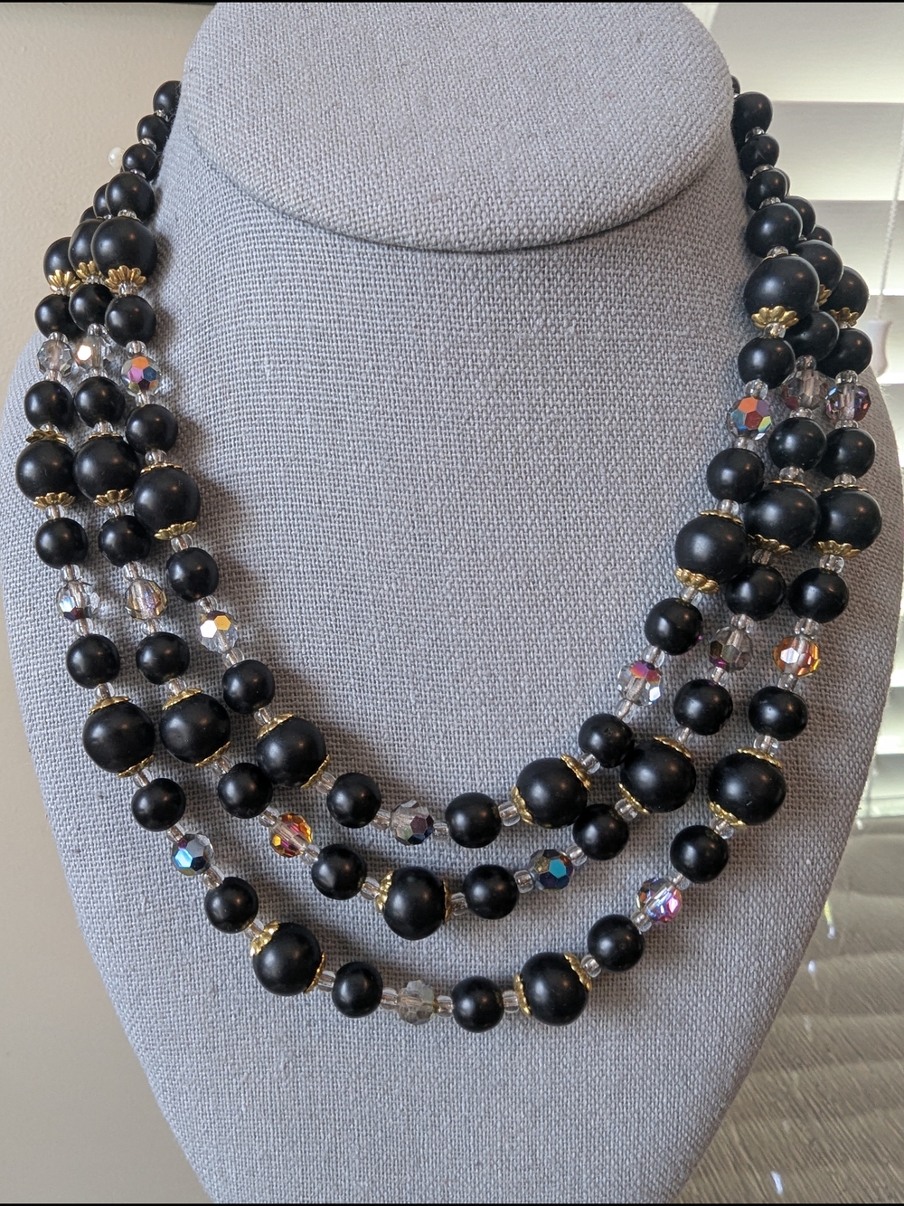 Vintage Triple Strand Matte Black Glass Bead Crystal Necklace